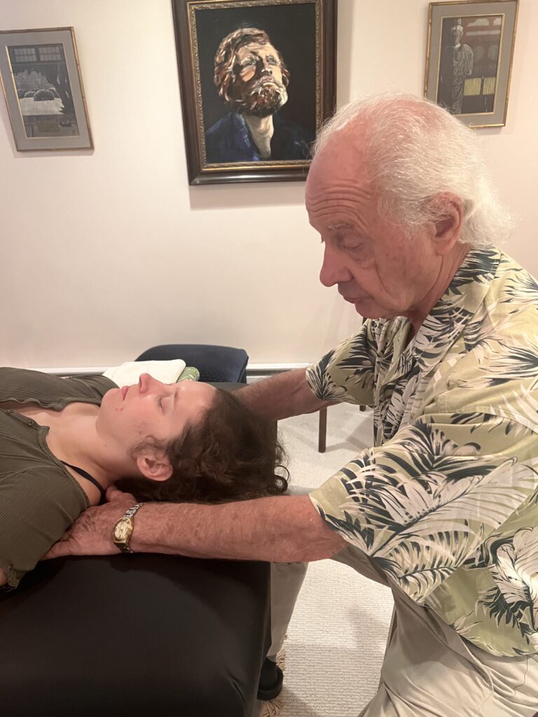 A minimalistic silhouette of two hands lightly touching, representing the calm and intentional energy exchange in Alexander Technique hands-on work.