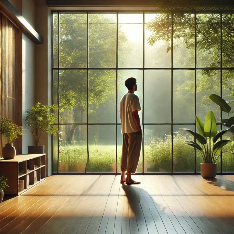 A trainee in a sunlit studio stands in quiet awareness before movement, embodying the Alexander Technique focus on intention, coordination, and non-doing during Class 024 with Tommy Thompson.