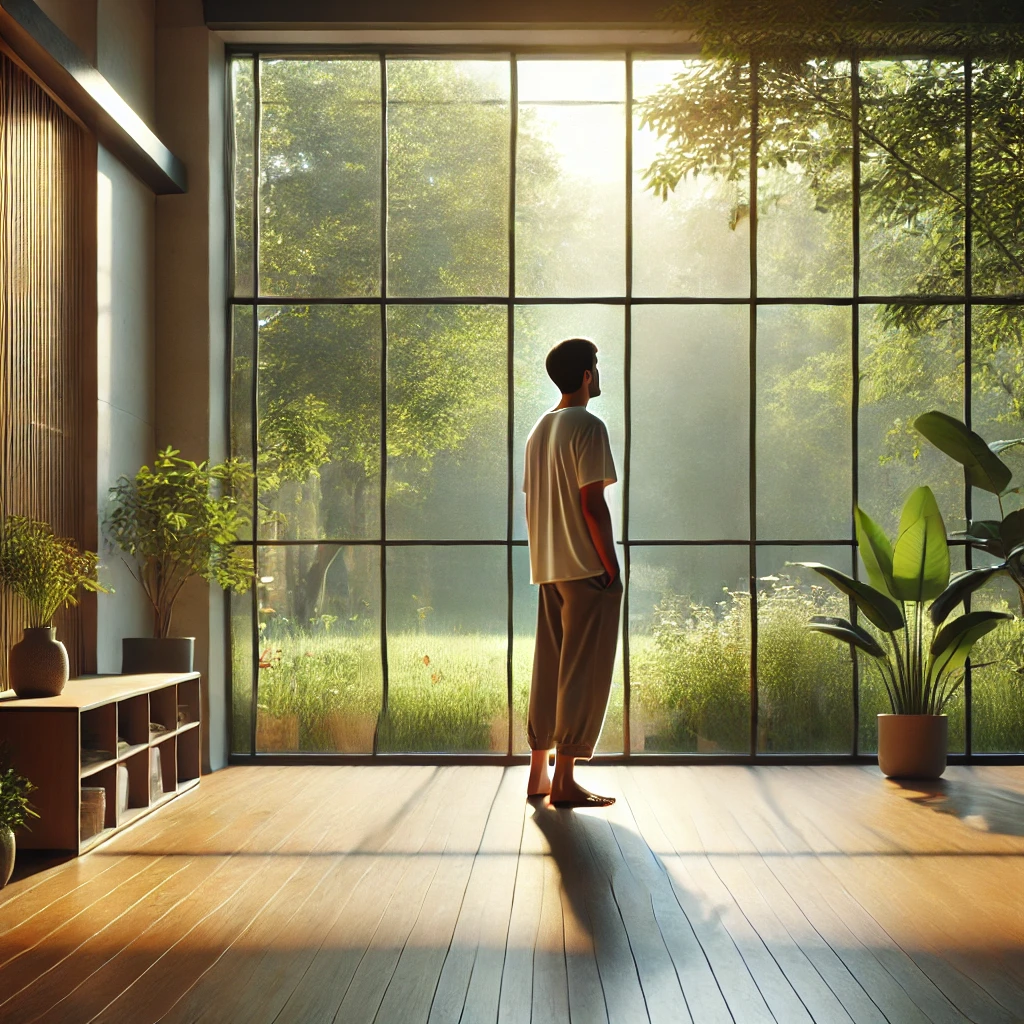 A trainee in a sunlit studio stands in quiet awareness before movement, embodying the Alexander Technique focus on intention, coordination, and non-doing during Class 024 with Tommy Thompson.