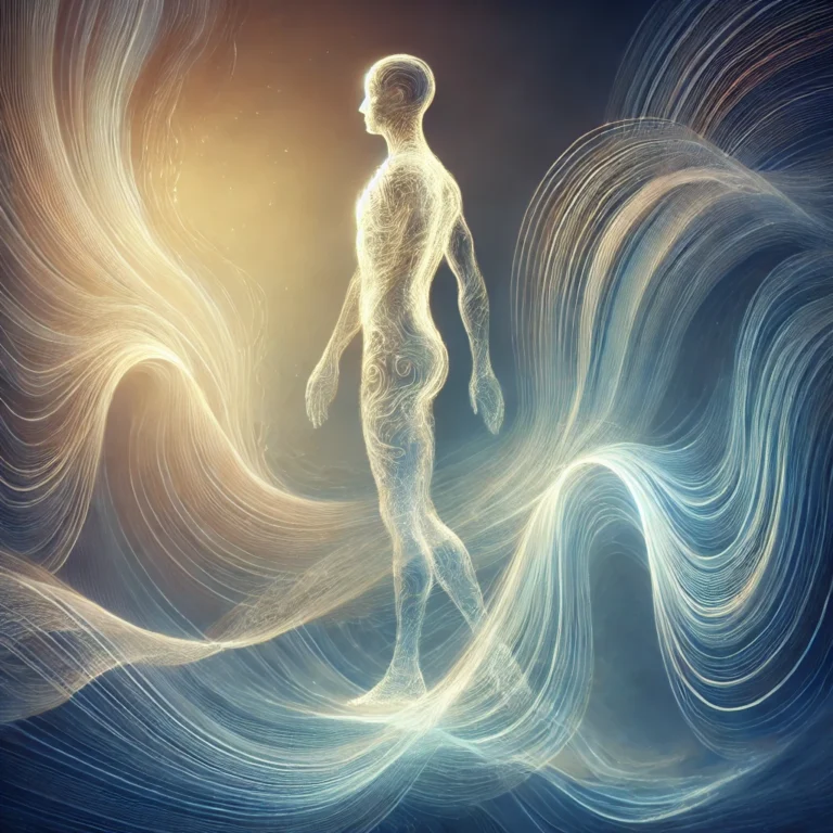A glowing human figure walking through light waves, visually expressing wave-like movement and the Alexander Technique as taught by Tommy Thompson in class 018.