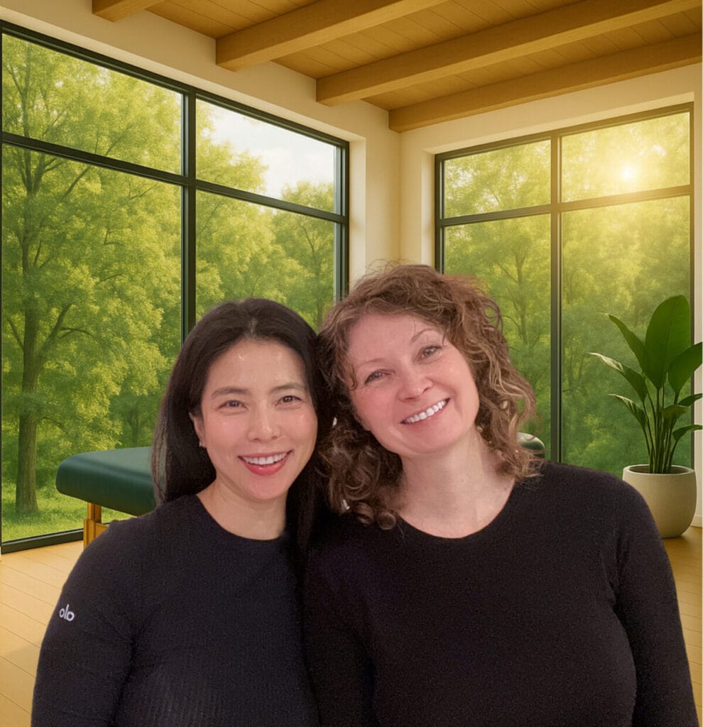 Two trainees from Alexander Technique Class 32 smiling together after engaging with Tommy Thompson's Presence-based teaching.