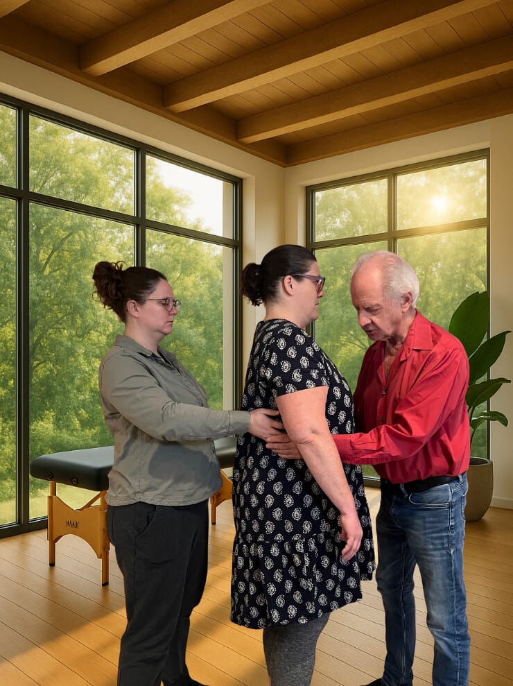 Alexander Technique teacher Tommy Thompson guiding two trainees through postural support exploration in Class 059