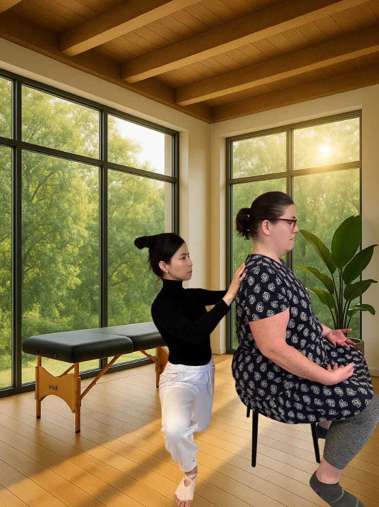 Alexander Technique trainee Ari gives hands-on support to Lily in a sunlit studio during Class 059