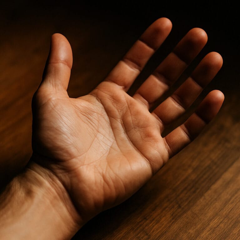 Open human hand representing Triadic Resonance in an Alexander Technique class with Tommy Thompson