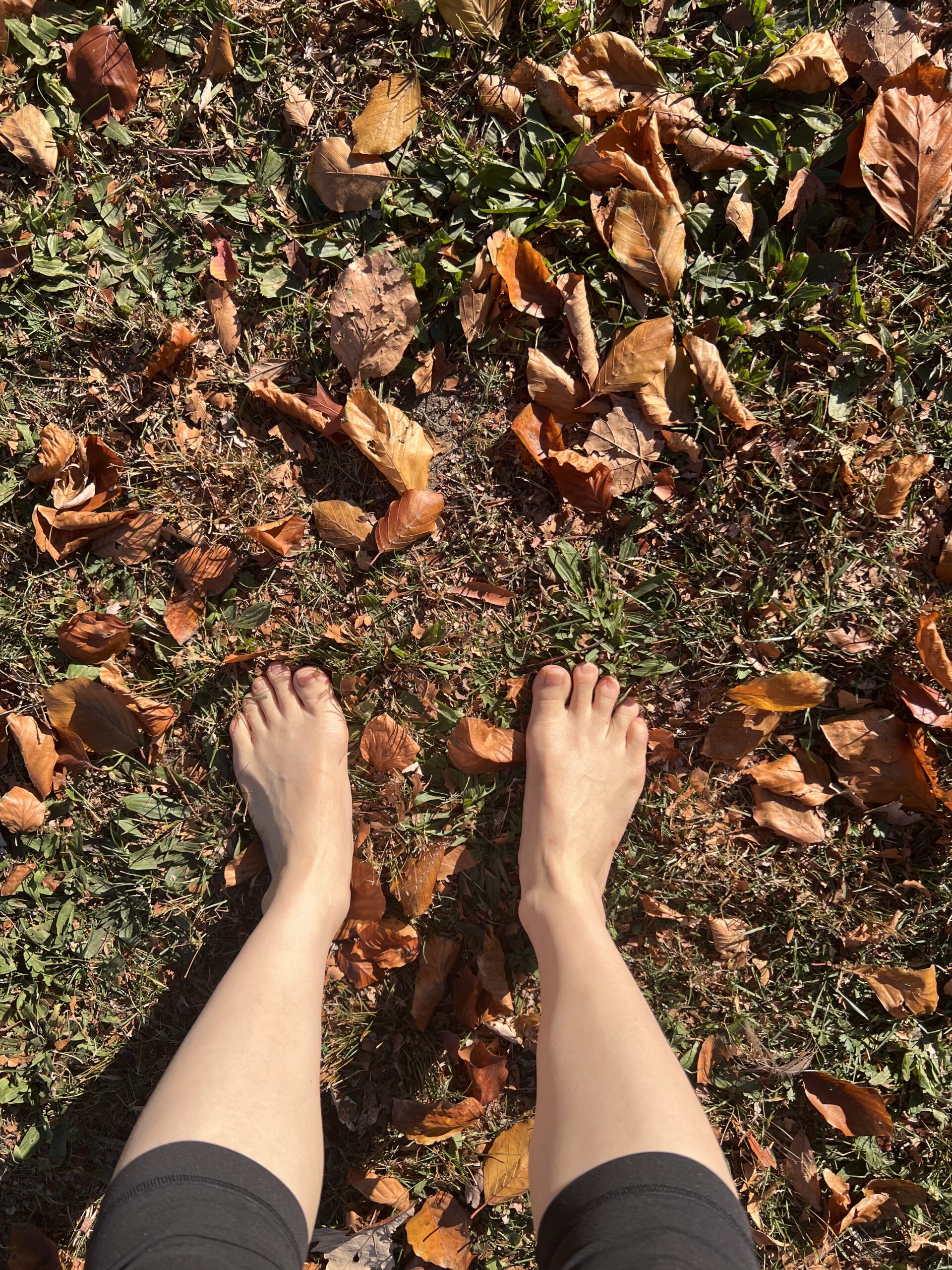 Ari Kim walking barefoot in nature, practicing the Alexander Technique for daily presence and awareness.