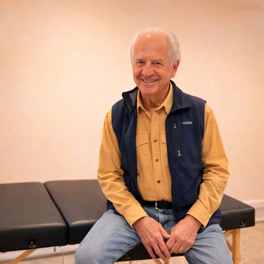 Tommy Thompson sitting during Alexander Technique Class 36, focusing on inhibition with teacher trainees