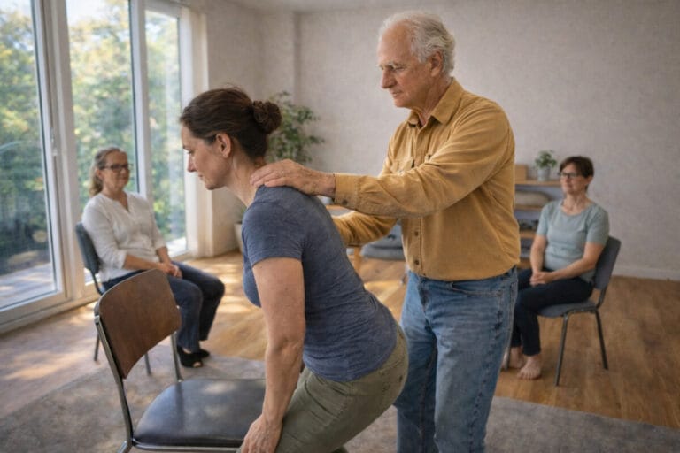 Tommy Thompson guides Alexander Technique trainees in Class 37, exploring the principle of fit through hands-on support.