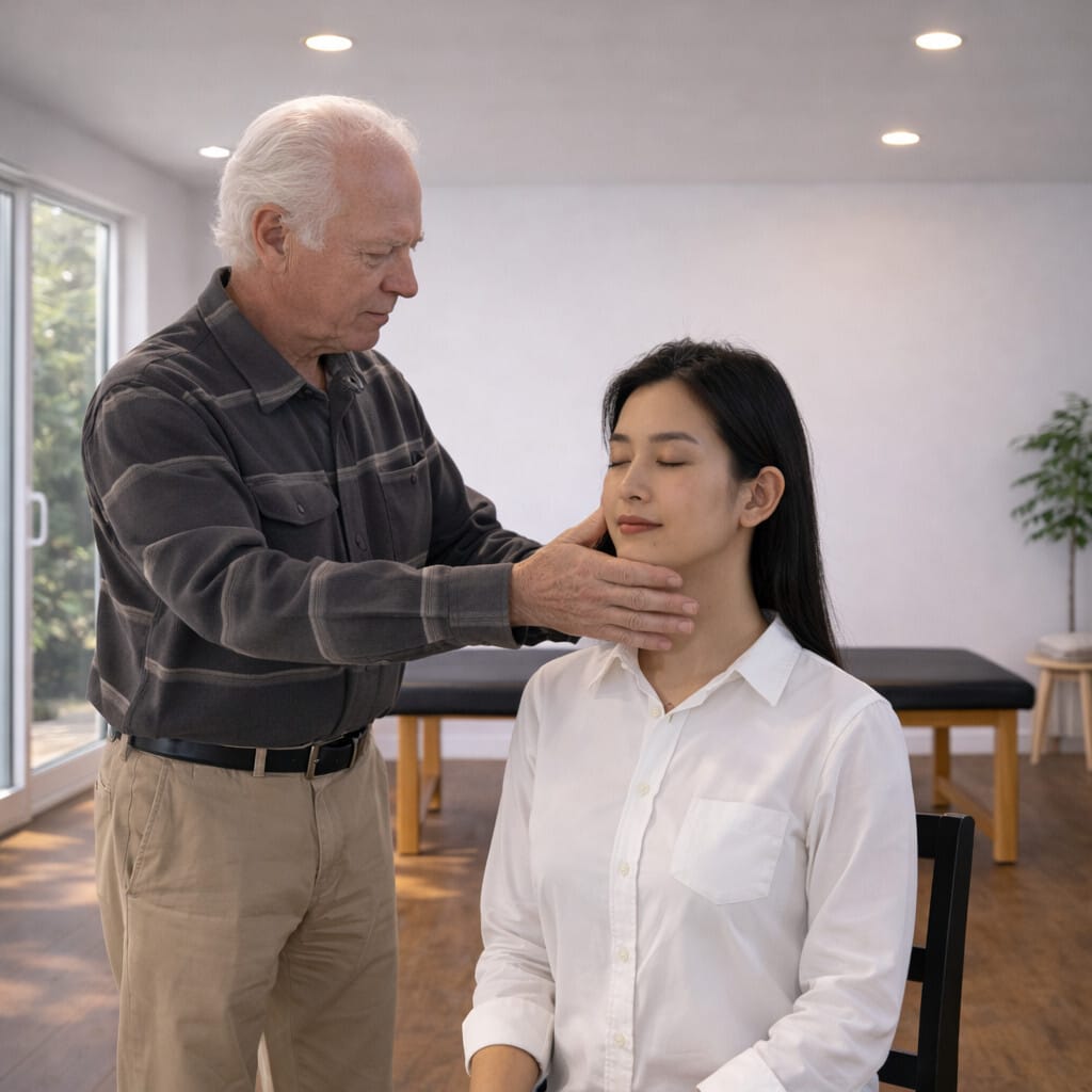 Tommy Thompson teaching trainees in Alexander Technique Class 048, offering subtle guidance to cultivate presence and embodied awareness.