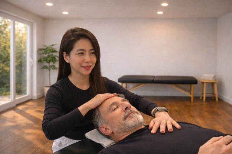 Ari practices appropriate use in an Alexander Technique class while offering table hands-on work to a fellow trainee.