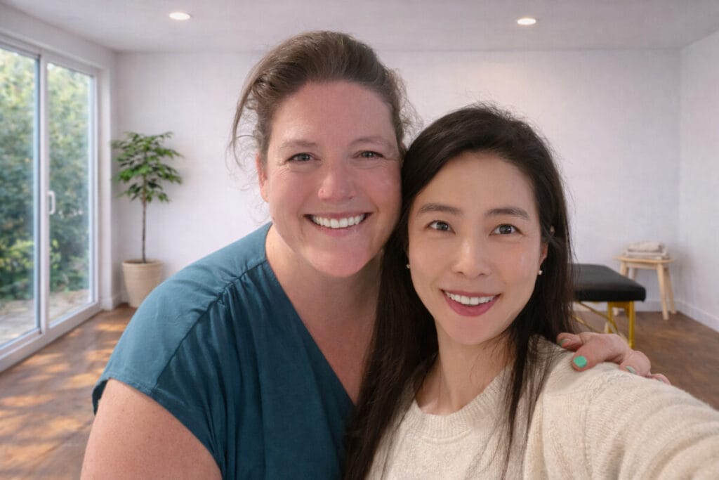 Trainees Lili and Ari smiling after Class 51 of the Alexander Technique, embodying presence and connection