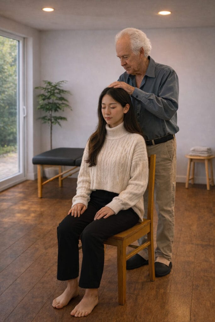 Withholding Definition in the Alexander Technique with Tommy Thompson during Class 52, trainees practicing conscious pause in chair work