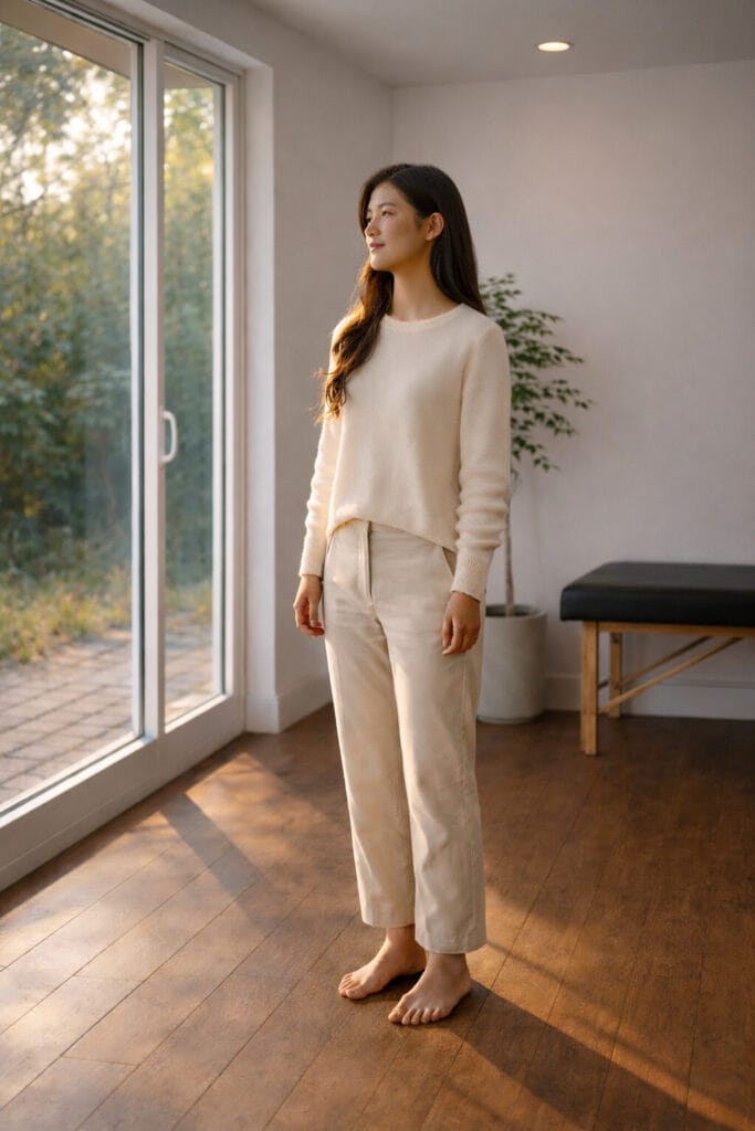 Trainee standing by a window in an Alexander Technique class, practicing Withholding Definition through quiet upright awareness