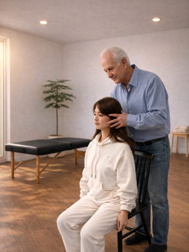 Tommy Thompson guides a trainee in Alexander Technique Class 63, focusing on direction from the back