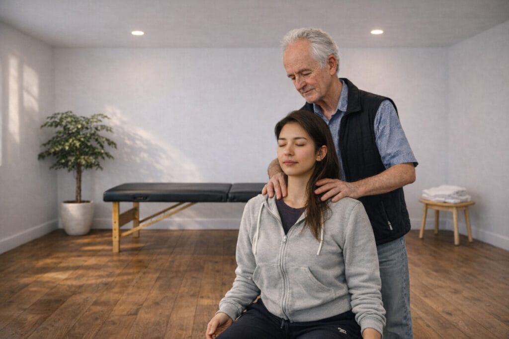 Trainee receiving hands-on guidance from Tommy Thompson during Alexander Technique encounter class in Boston