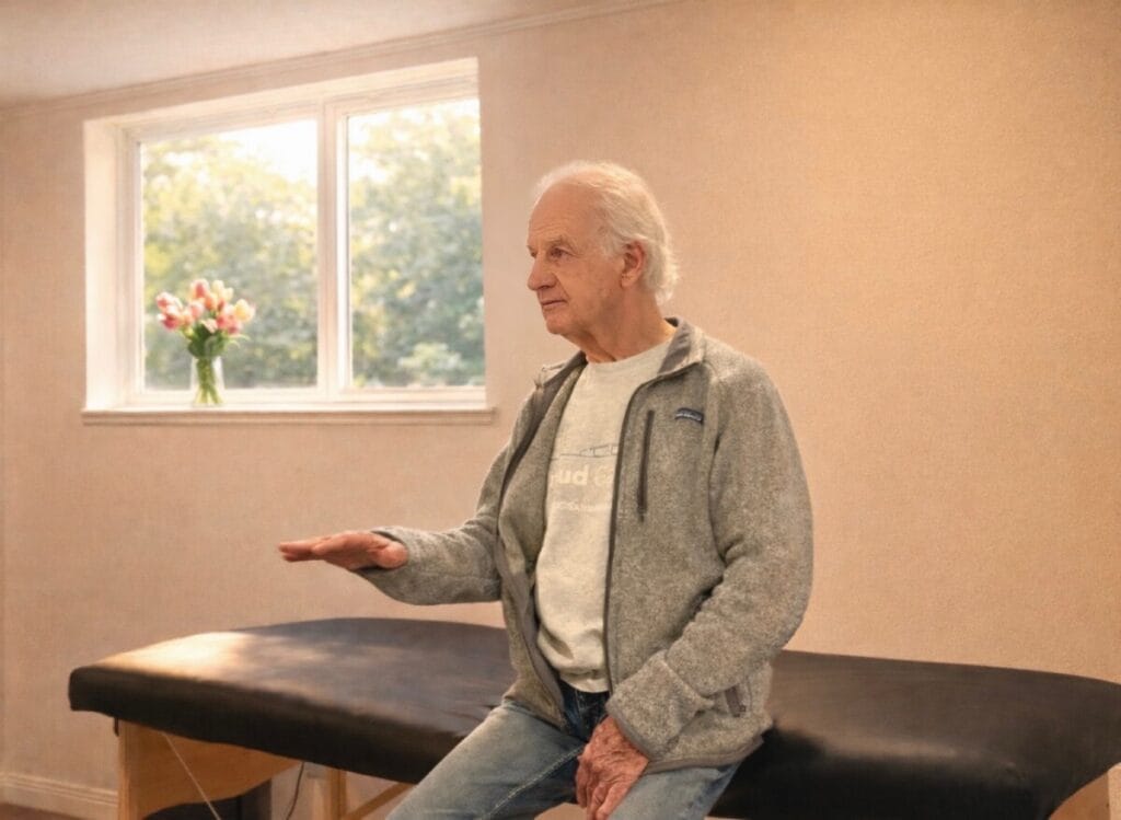 Tommy Thompson demonstrating the Inhibiting Moment during Alexander Technique Class 093, guiding trainees in sit-to-stand coordination before movement