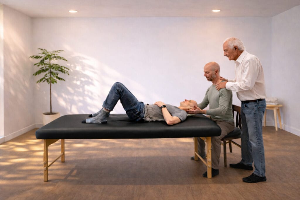 Tommy Thompson guiding trainees through Reorientation in the Alexander Technique during Class 099