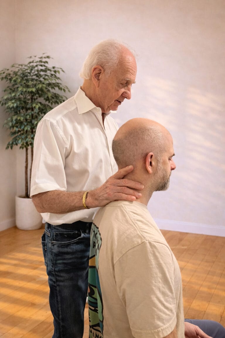 Into the tissue in the Alexander Technique demonstrated by Tommy Thompson during a teacher training class with a trainee, showing subtle hands-on contact at the neck and upper spine