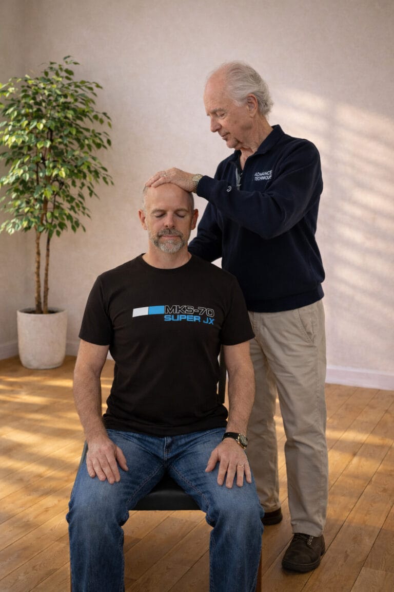 Alexander Technique reliable information class with trainees, demonstrating hands-on guidance during class 088