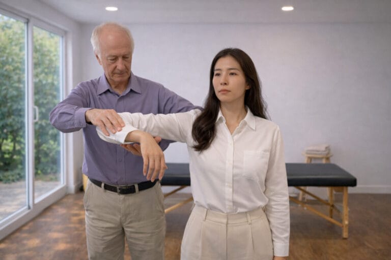 Tommy Thompson demonstrating Back Support in an Alexander Technique class, guiding a trainee’s arm through coordinated whole-body support