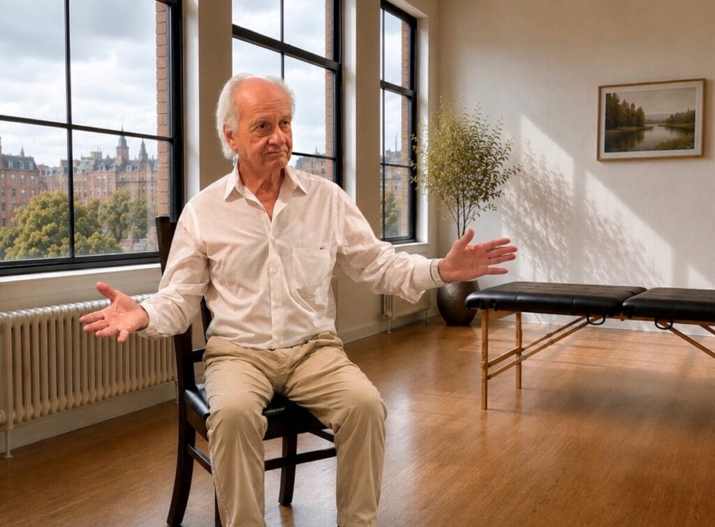 Liminal moment in the Alexander Technique with Tommy Thompson demonstrating inspansion during a class with trainees