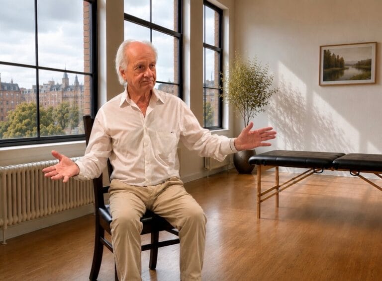 Liminal moment in the Alexander Technique with Tommy Thompson demonstrating inspansion during a class with trainees