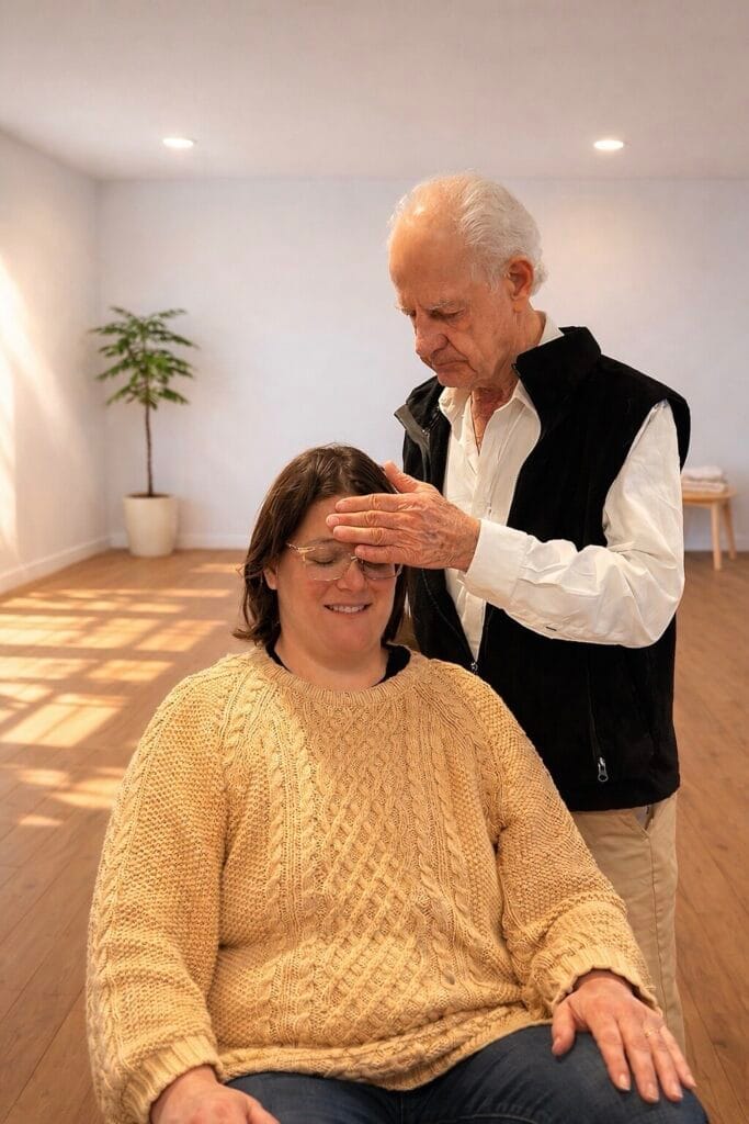 Tommy Thompson demonstrating hands-on guidance with trainees during an Alexander Technique class exploring support in gravity and back coordination in Class 102.